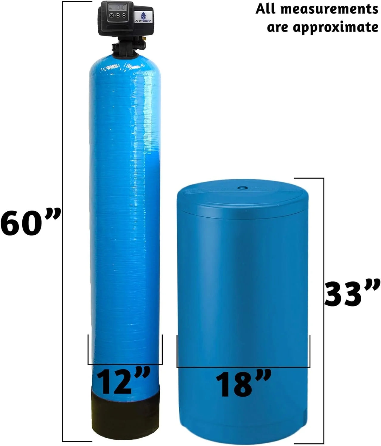 Afwfilters 2 cubic foot 64k whole home iron pro water softener with fine mesh resin, 3/4" stainless steel fnpt connection, and blue tanks