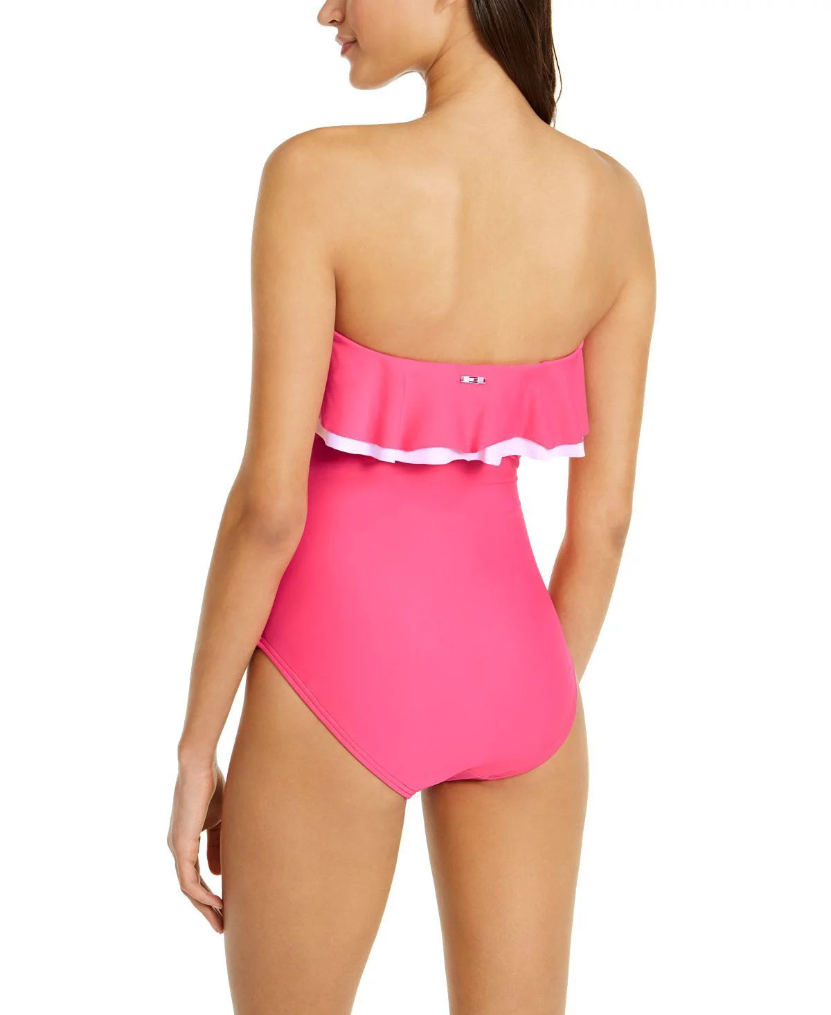 Tommy hilfiger pink solid ruffle strapless one-piece swimsuit, us 12