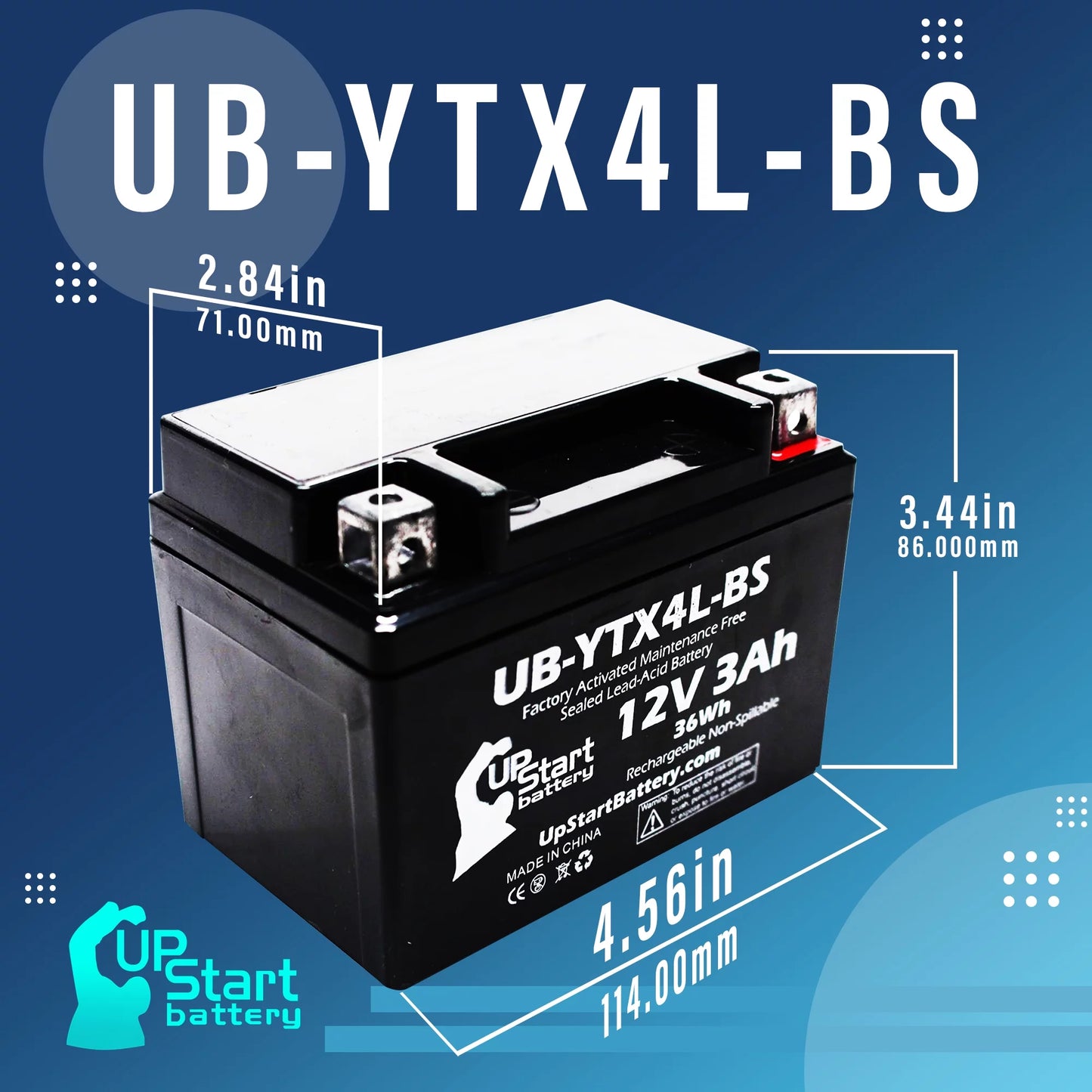 2-pack replacement 2008 bombardier (can-am) ds90, ds90f, quest 90cc factory activated, maintenance free, atv battery - 12v, 3ah, ub-ytx4l-bs