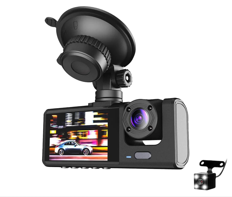 3 channel dash cam, 2-inch screen driving recorder, high-definition 1080p, night vision, loop recording, motion detection, g-sensor +32 gb sd card