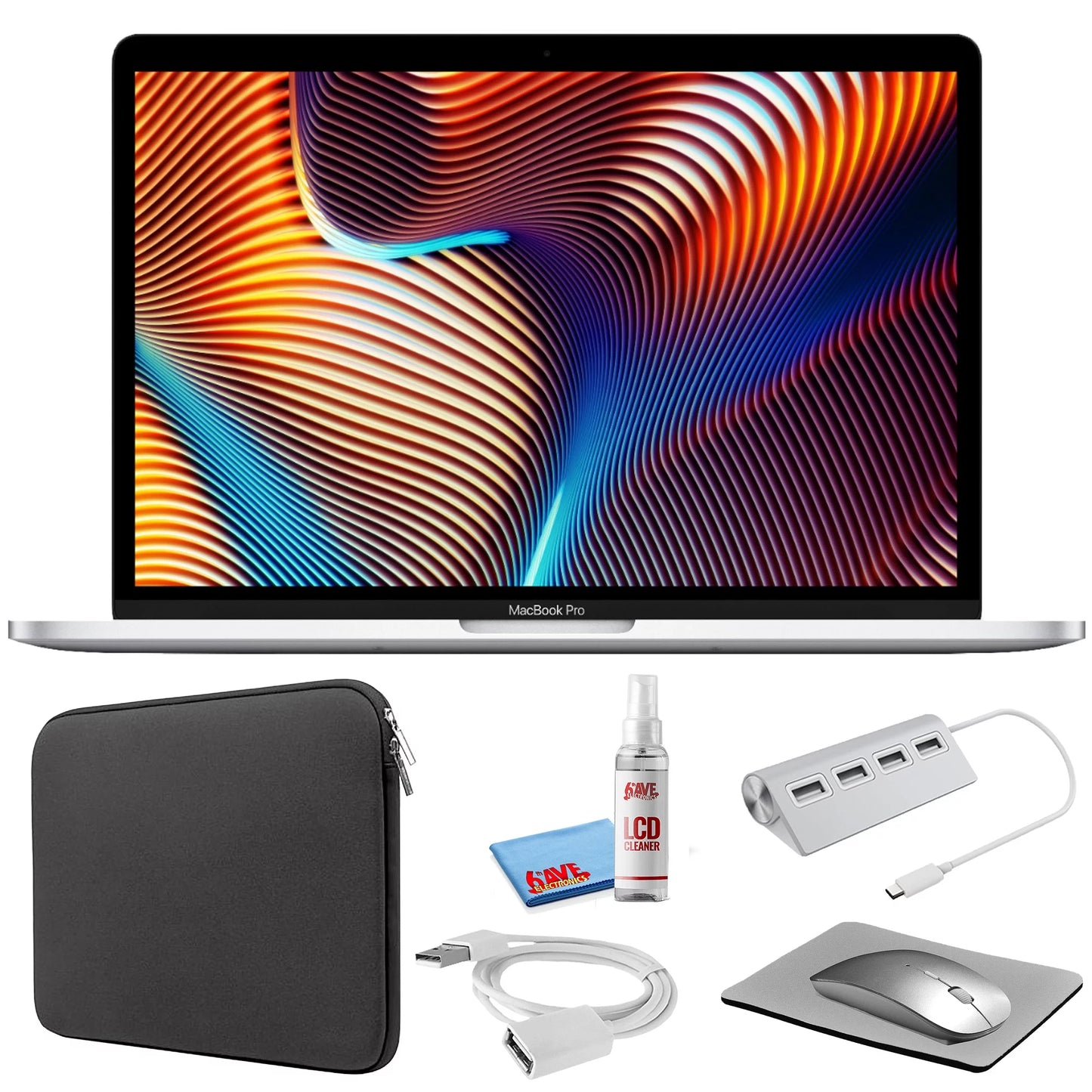 Apple macbook pro 13-inch (i5 2.3ghz, 256gb ssd) (mid 2018, mr9u2ll/a) - silver bundle with black zipper sleeve + laptop starter kit + cleaning kit (refurbished)