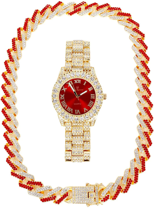 Charles raymond ice on blast! blinged out hip hop rolly looks with iced out wristwatch trim and band with matching zig zag bling'ed out necklace sets - zz necklace sets - gold - red