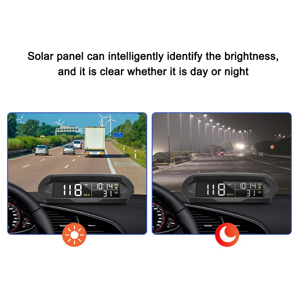 Wireless solar car gps speedometer: head-up display - lcd screen - overspeed alarm - kmh/mph - time/altitude/temperature/speed display - enhance your driving experience