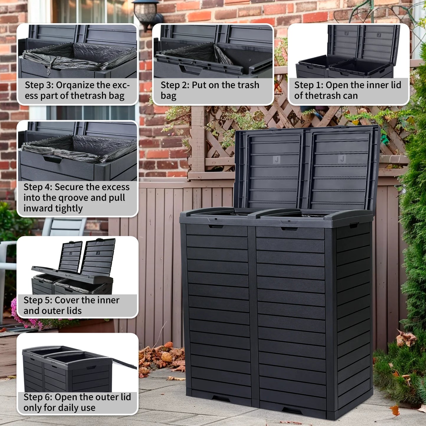 62 gallon large trash can with tiered lid and drip tray,resin outside trash bin for patio,backyard,deck outdoor kitchen