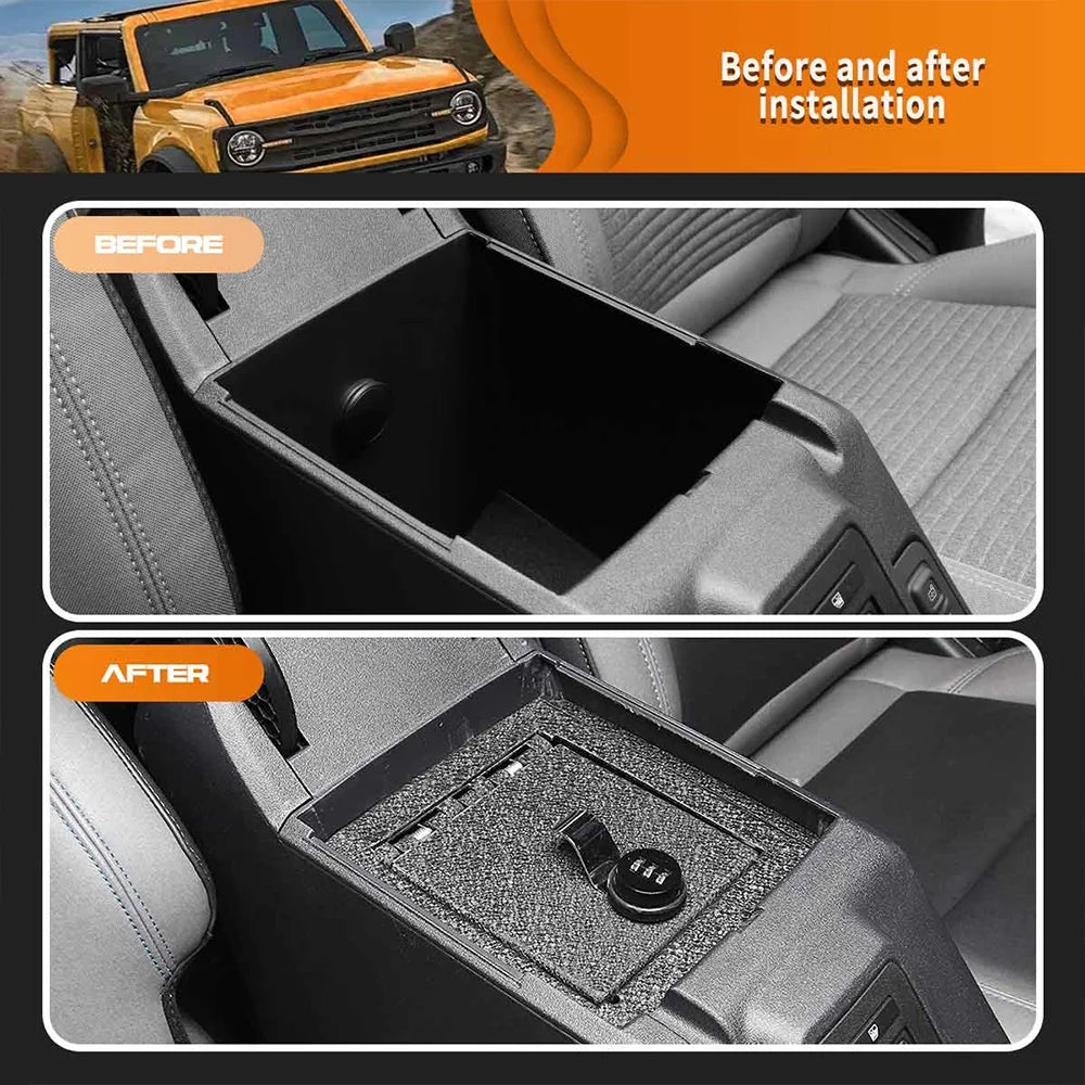 Alltimes center console box safe for ford for bronco 2door/4door 2021-2022, 3-digit password, black carbon steel with anti-rust coating