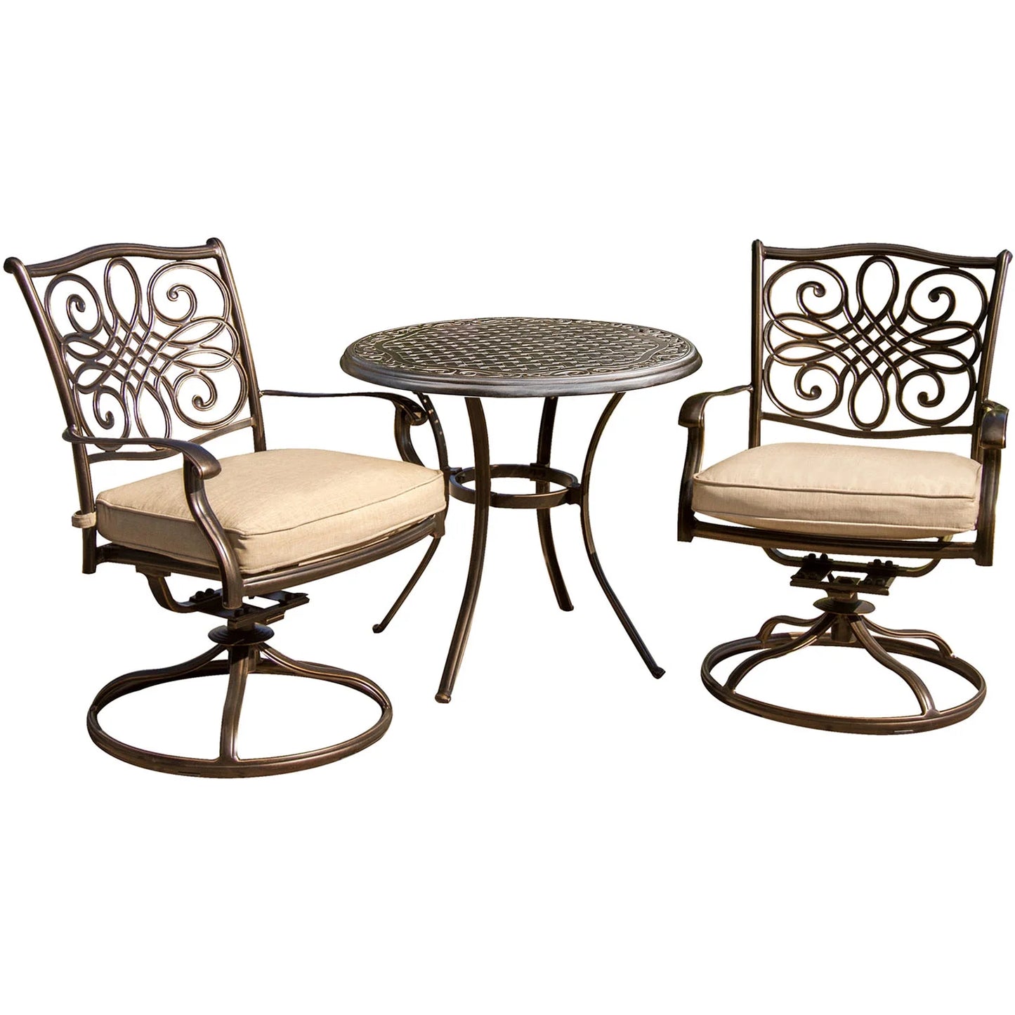 Cambridge seasons 3-piece tan bistro dining set, two aluminum swivel rockers,32 in. round table