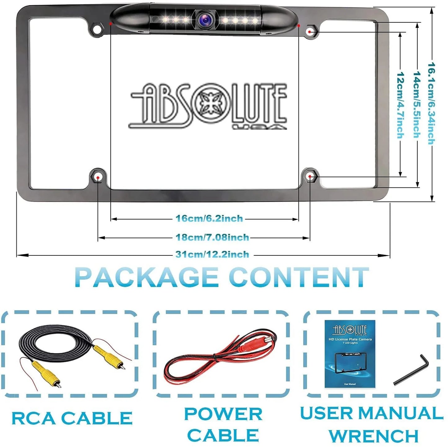 Absolute cam2100s chrome license plate license plate backup hd camera, rear view camera 170° viewing angle universal night vision waterproof high sensitive 8 bright led reversing car camera