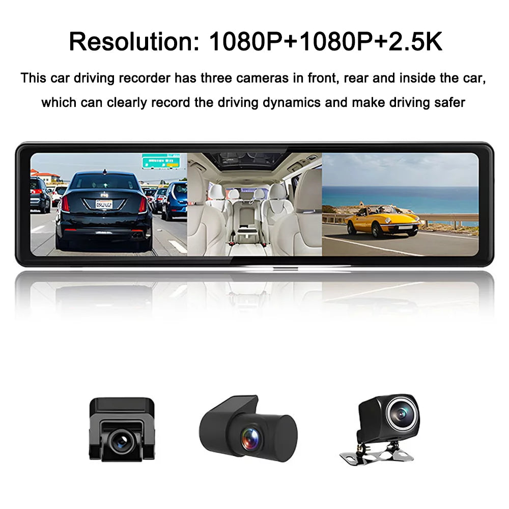 Andoer 3 cameras dash cam 12in 2.5k clear car rearview mirror car video recording touched screen car recorder carplay auto driving recorder