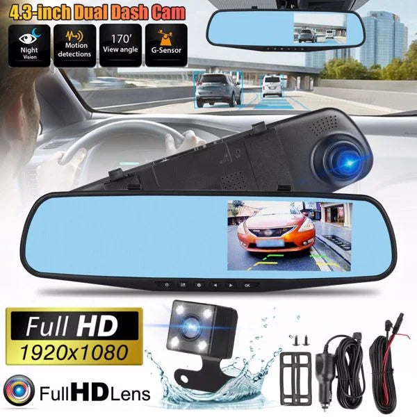 Bornmio 1080p hd rearview mirror car dvr dual dash cam camera front rear video recorder