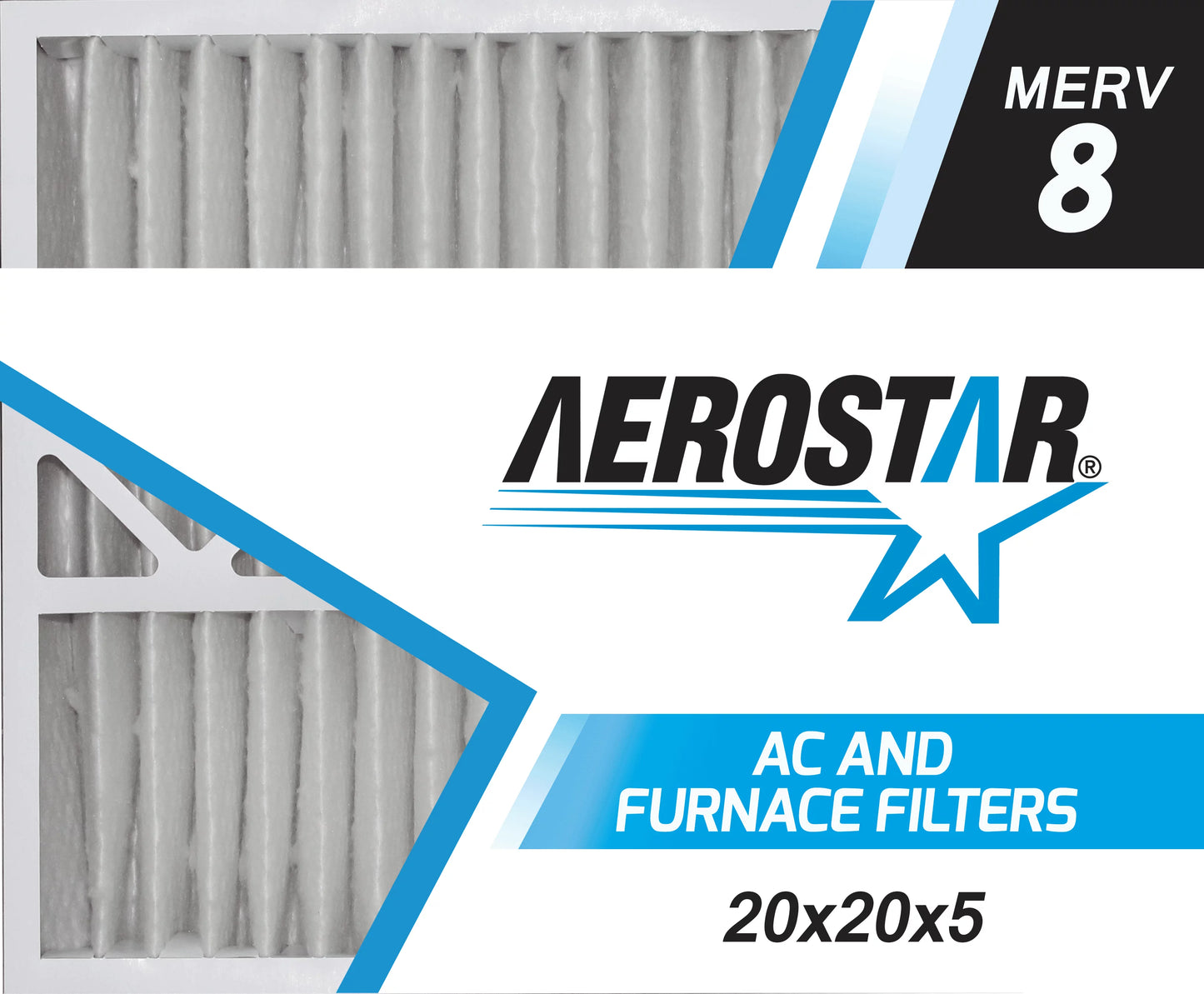 Aerostar 20x20x5 merv  8, carrier replacement pleated air filter, 20x20x5, box of 2