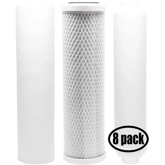 8-pack replacement for filter kit for watts ro-tfm-4sv ro system - includes carbon block filter, pp sediment filter & inline filter cartridge - denali pure brand