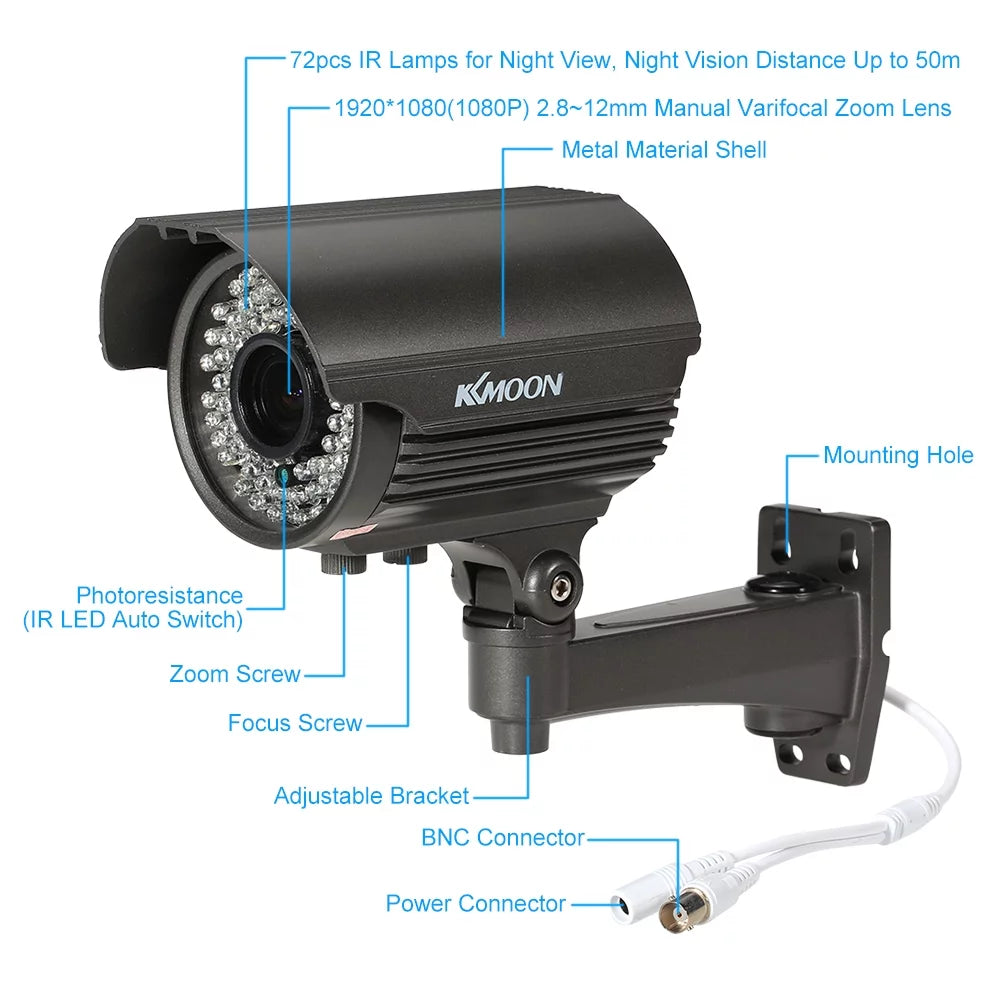 Andoer 1080p ahd cctv analog camera, manual zoom varifocal lens, 1/3” cmos 2.0mp, ir cut, 72 ir leds, night vision, weatherproof indoor