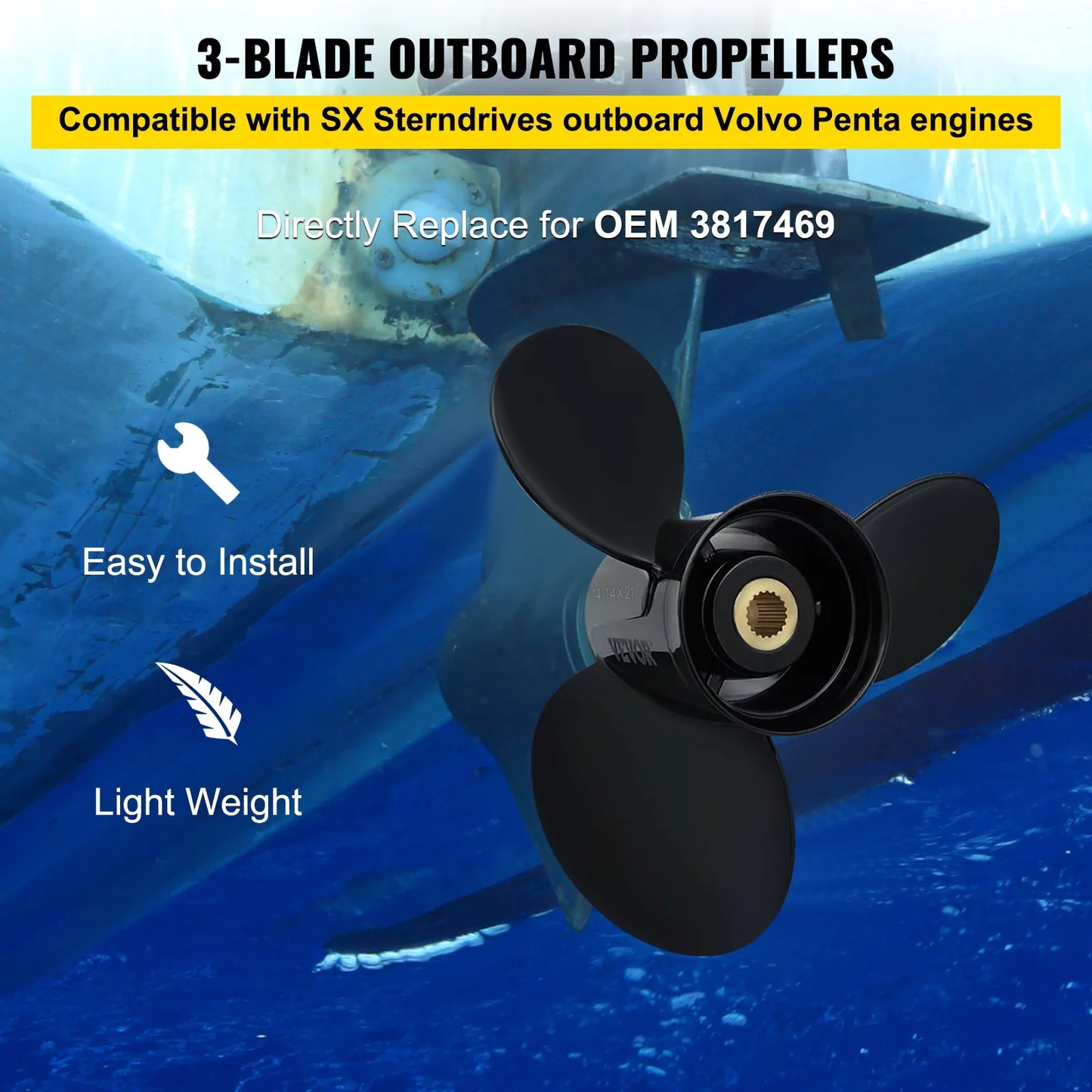 Vevor outboard propeller, 3-blade 14 1/4 x 21" boat propeller, replace for oem 3817469, compatible sx sterndrives outboard volvo penta engine, right-handed aluminium propeller & 19 spline teeth