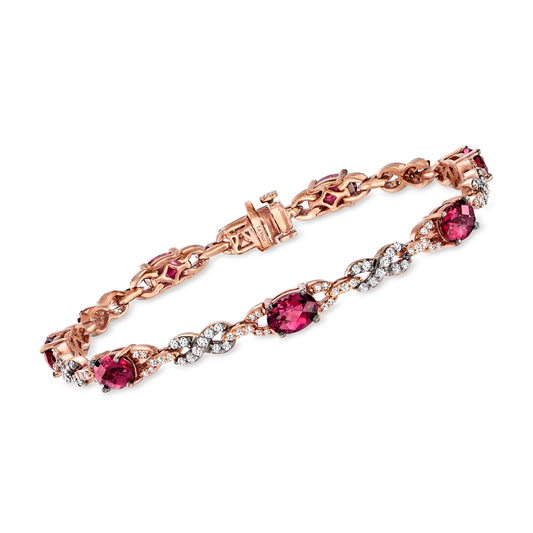 Ross-simons c. 2000 vintage le vian 8.05 ct. t.w. rhodolite garnet and 1.40 ct. t.w. diamond infinity-link bracelet in 14kt rose gold, women's, adult, pre-owned