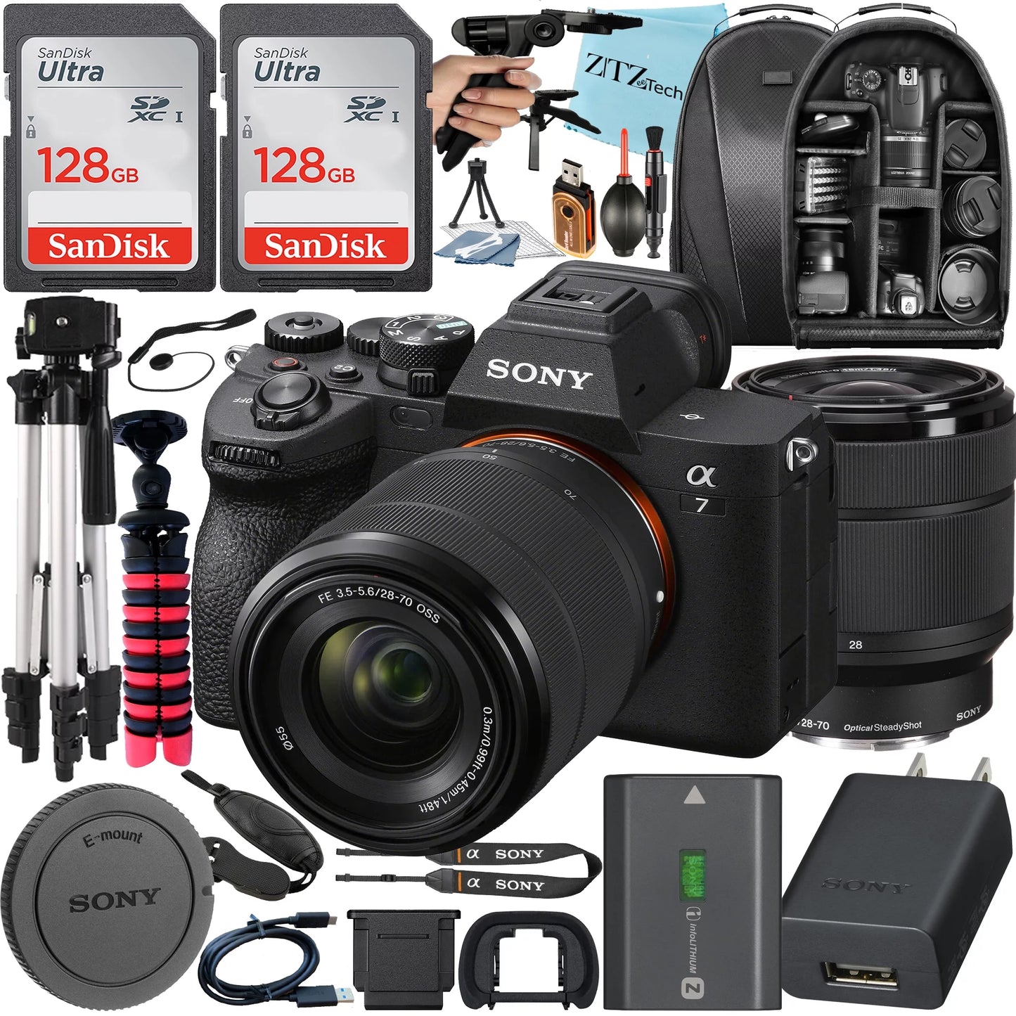 Sony alpha a7 iv mirrorless digital camera with fe 28-70mm lens + 2 pack sandisk 128gb card + case + tripod + zeetech accessory bundle