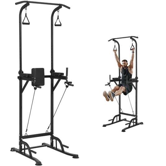 Skyshalo power tower dip station, heavy duty carbon steel frame pull up bar stand power rack w/ backrest elbow pad, height adjustable strength training equipment for fitness home workout