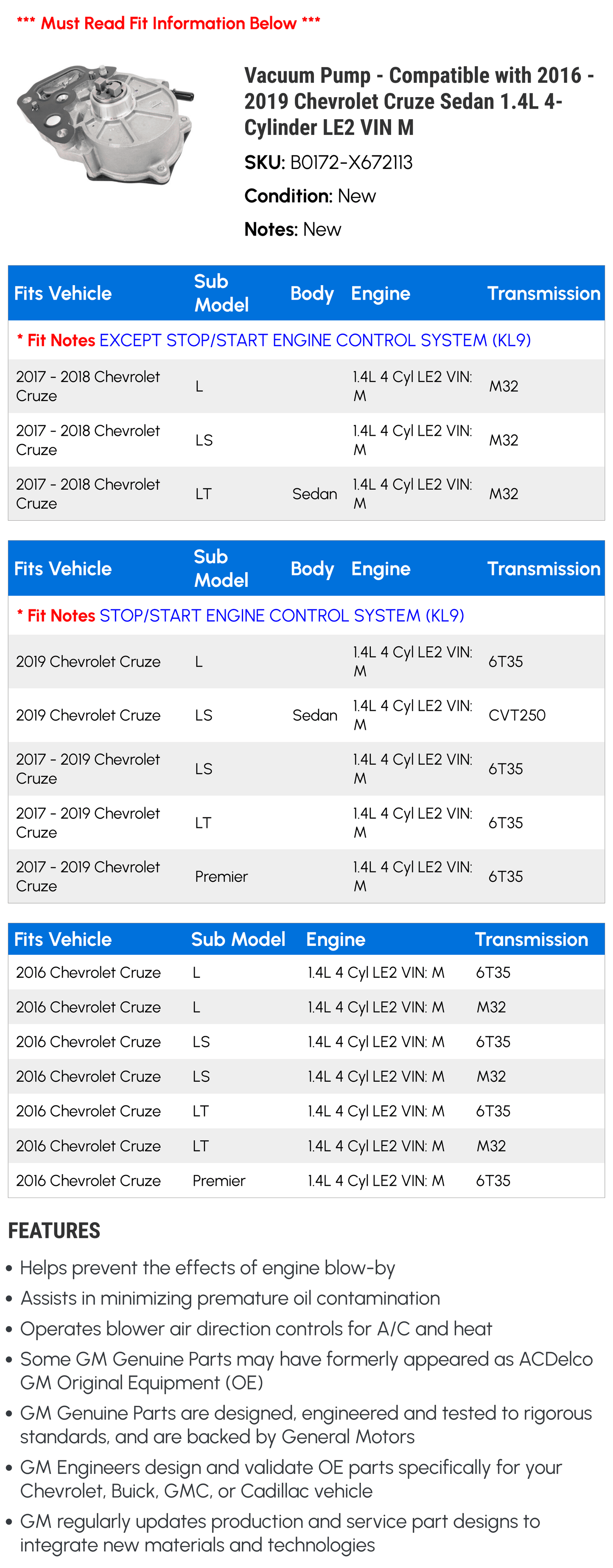 Vacuum pump - compatible with 2016 - 2019 chevy cruze sedan 1.4l 4-cylinder le2 vin m 2017 2018