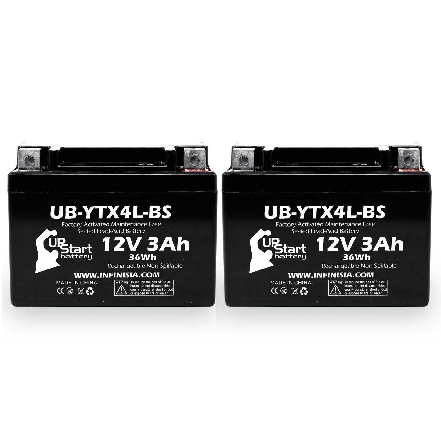 2-pack replacement 2008 bombardier (can-am) ds90, ds90f, quest 90cc factory activated, maintenance free, atv battery - 12v, 3ah, ub-ytx4l-bs