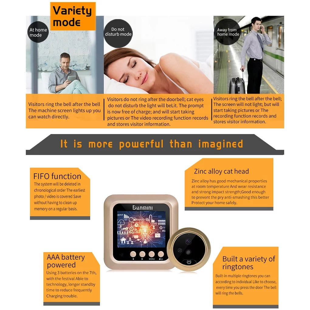 W5 2.4" inch peephole viewer camera video doorbell door eye wide angle night vision no disturb 2.0mp door bell security cam need drilling