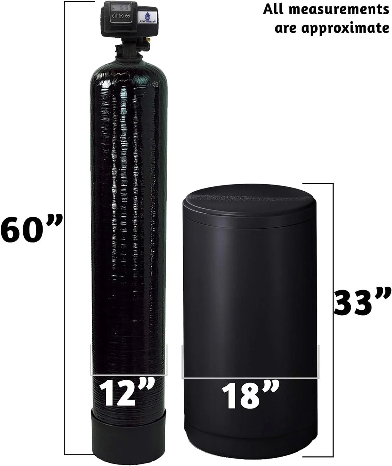 Afwfilters 2 cubic foot 64k whole home iron pro water softener with fine mesh resin, 3/4" stainless steel fnpt connection, and black tanks