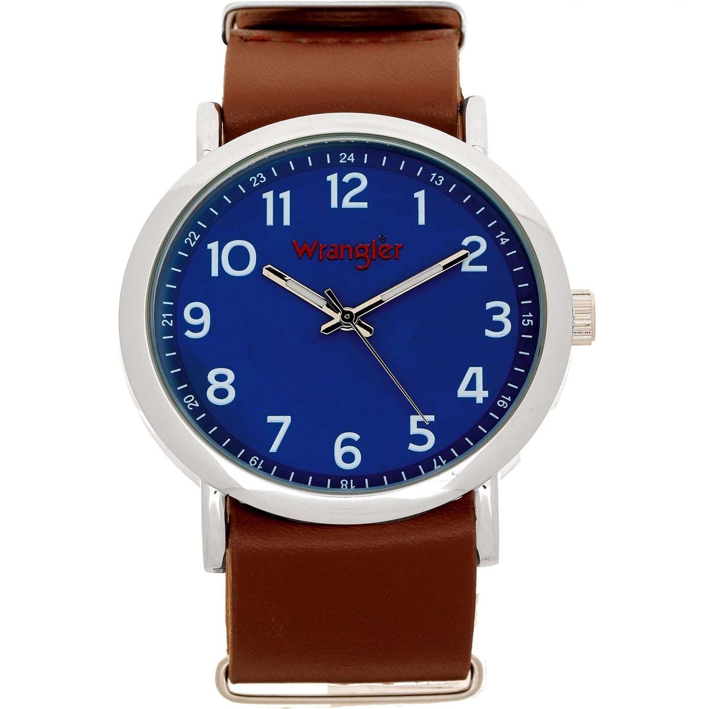 Wrangler 45mm round blue dial, brown nato style strap watch