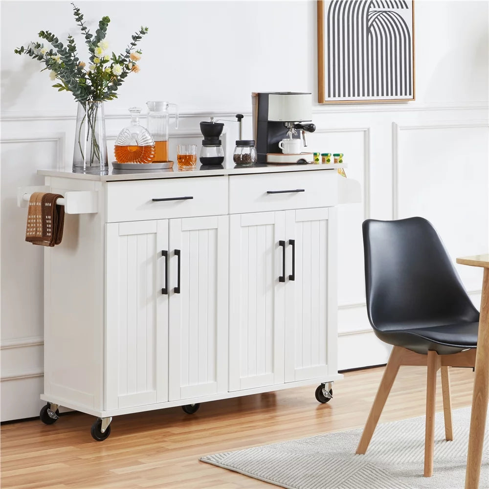 Yaheetech kitchen island with storage drawers & cabinets & towel bar & spice rack, white