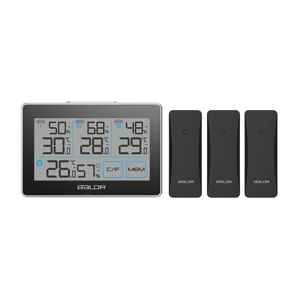 Baldr digital wireless weather station with 3 remote sensors, real-time humidity meter and temperature tracker with lcd, touchscreen, built-in stand and hanging slot, 262 ft max distance - black