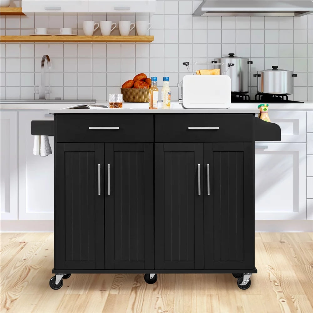 Topeakmart rolling kitchen island with storage drawers & towel bar & spice rack, black