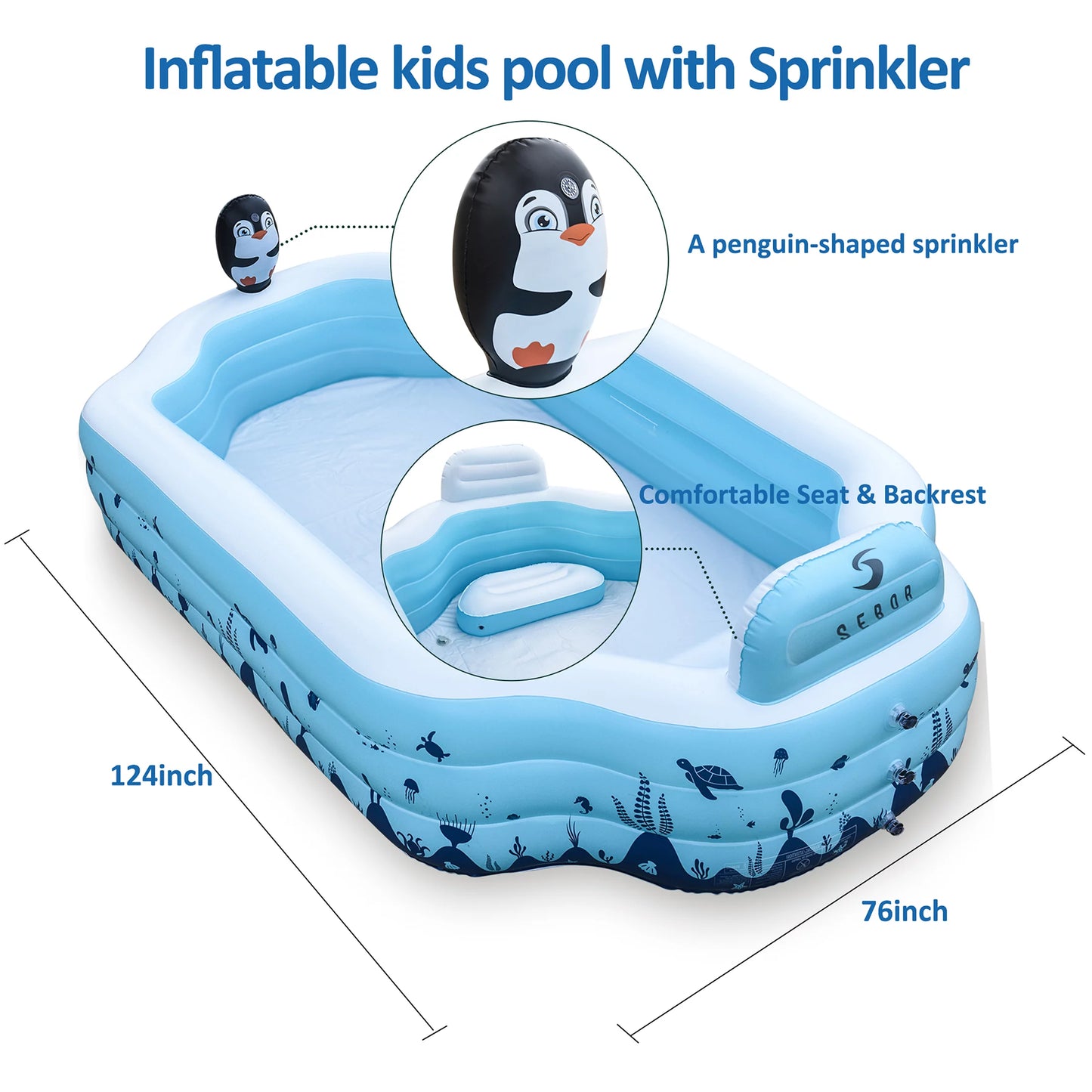 Sebor inflatable pool with seat and sprinkler - 10.3ft x 76'' x 20'' full sized above ground swimming pool for family, adults, and kids - thickened design for backyard, garden, and outdoor fun