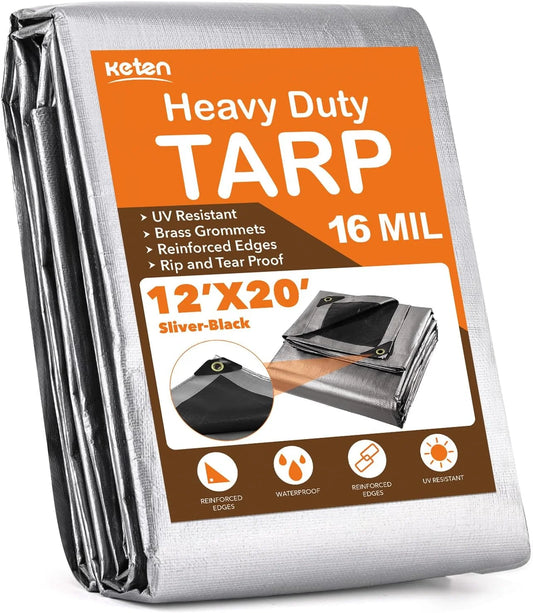 Tarps heavy duty waterproof 12? x 20?, extra thick 16 mil, tear & fade resistant, 100% uv blocking, outdoor tarp with reinforced grommets for roof, camping, patio, pool, boat(silver/black)