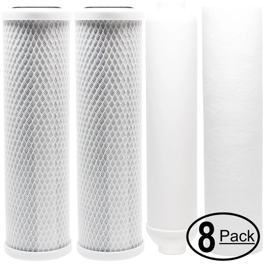 8-pack replacement for filter kit for ami aaa-125 ro system - includes carbon block filters, pp sediment filter & inline filter cartridge - denali pure brand