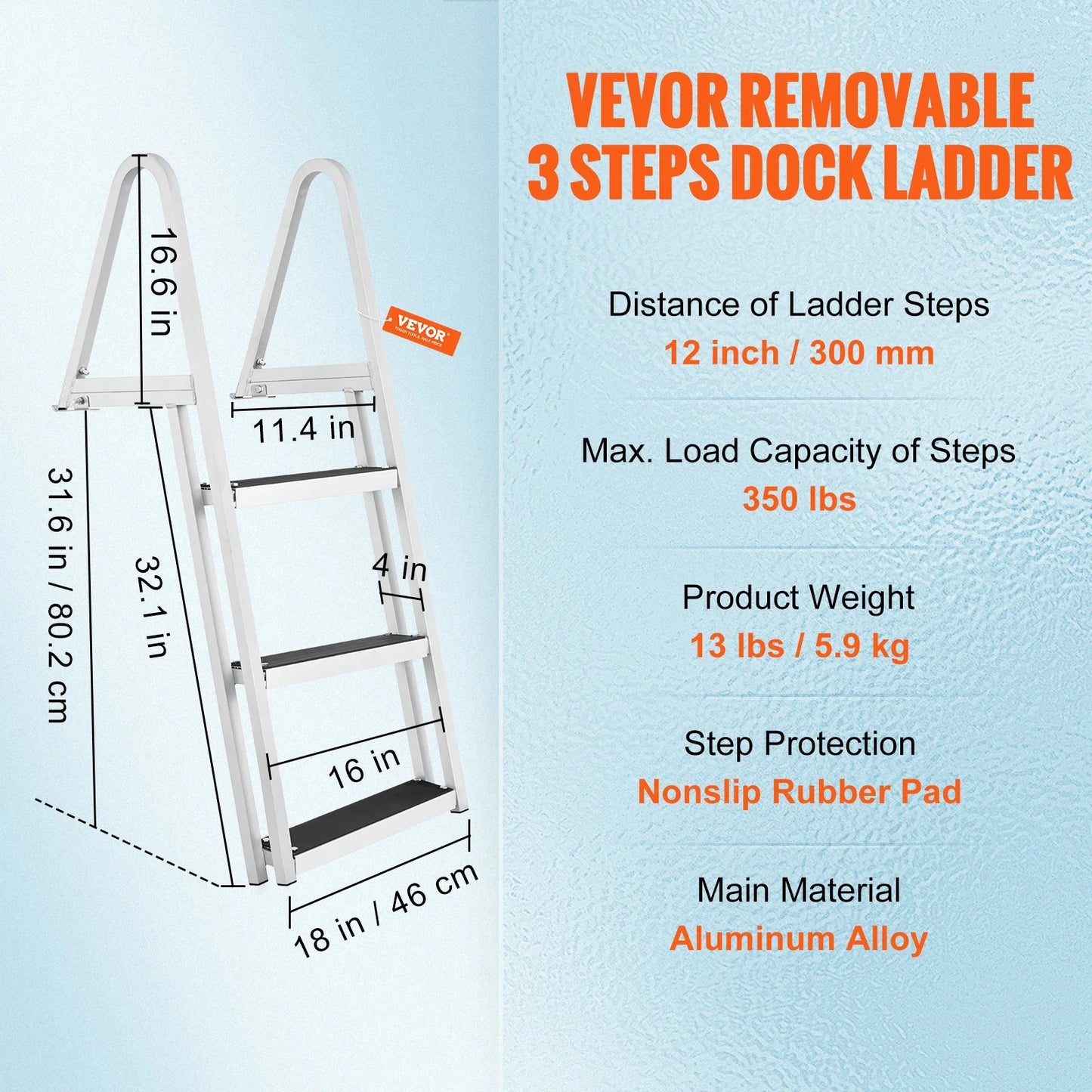 Vevor removable 3-step dock ladder - 350 lbs capacity, aluminum alloy with 4'' wide nonslip steps, simple installation for boats, lakes, pools & marine access