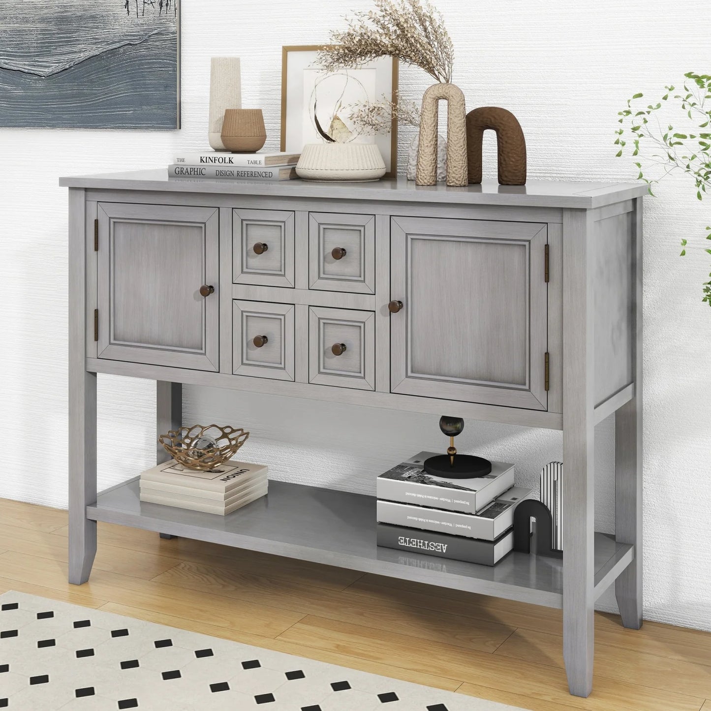 Vintage ample storage cambridge series espresso console table with four small drawers and bottom shelf for living rooms  entrances  and kitchens - trexm (old sku wf190263aap)