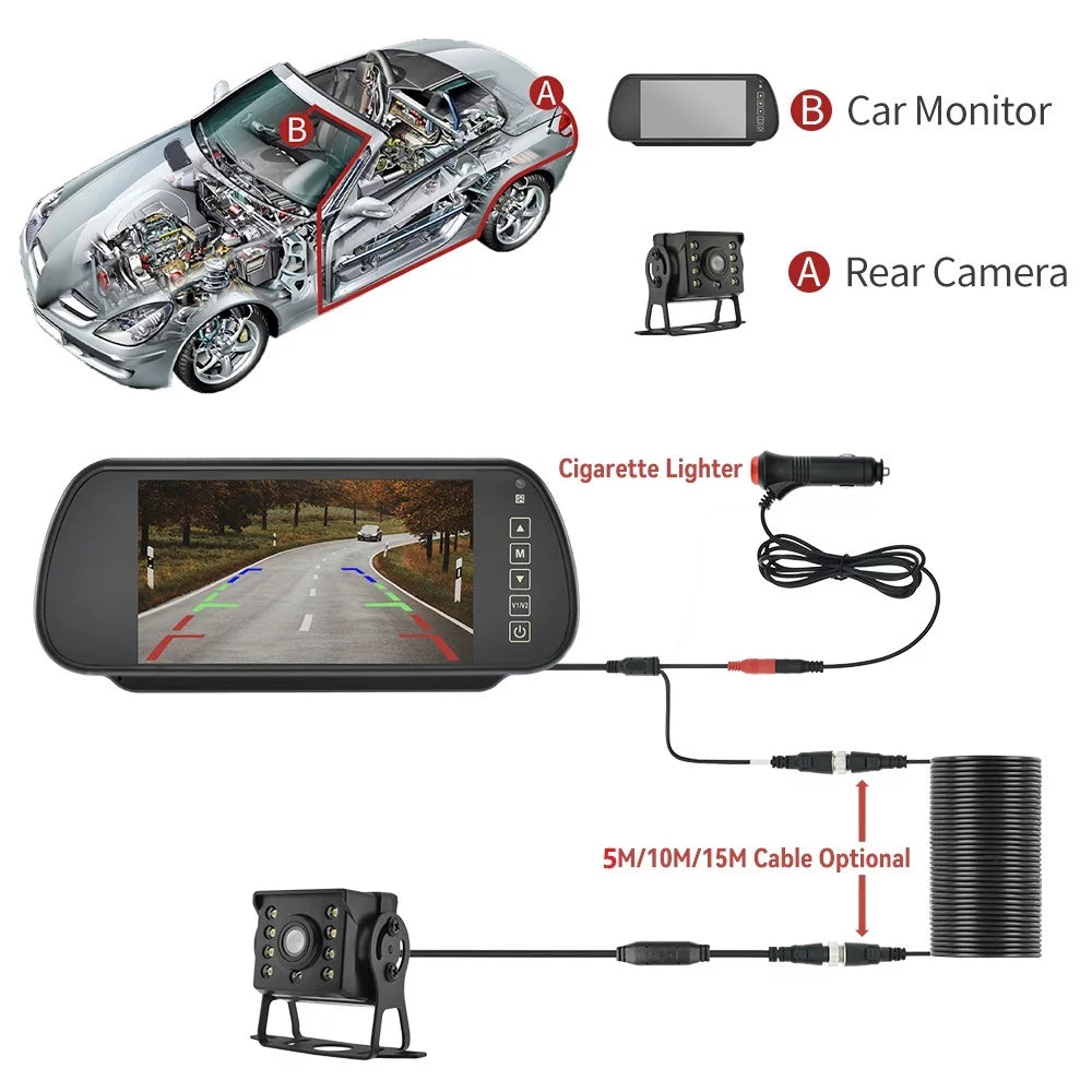 7in hd monitor car backup reverse camera rear view parking license plate system