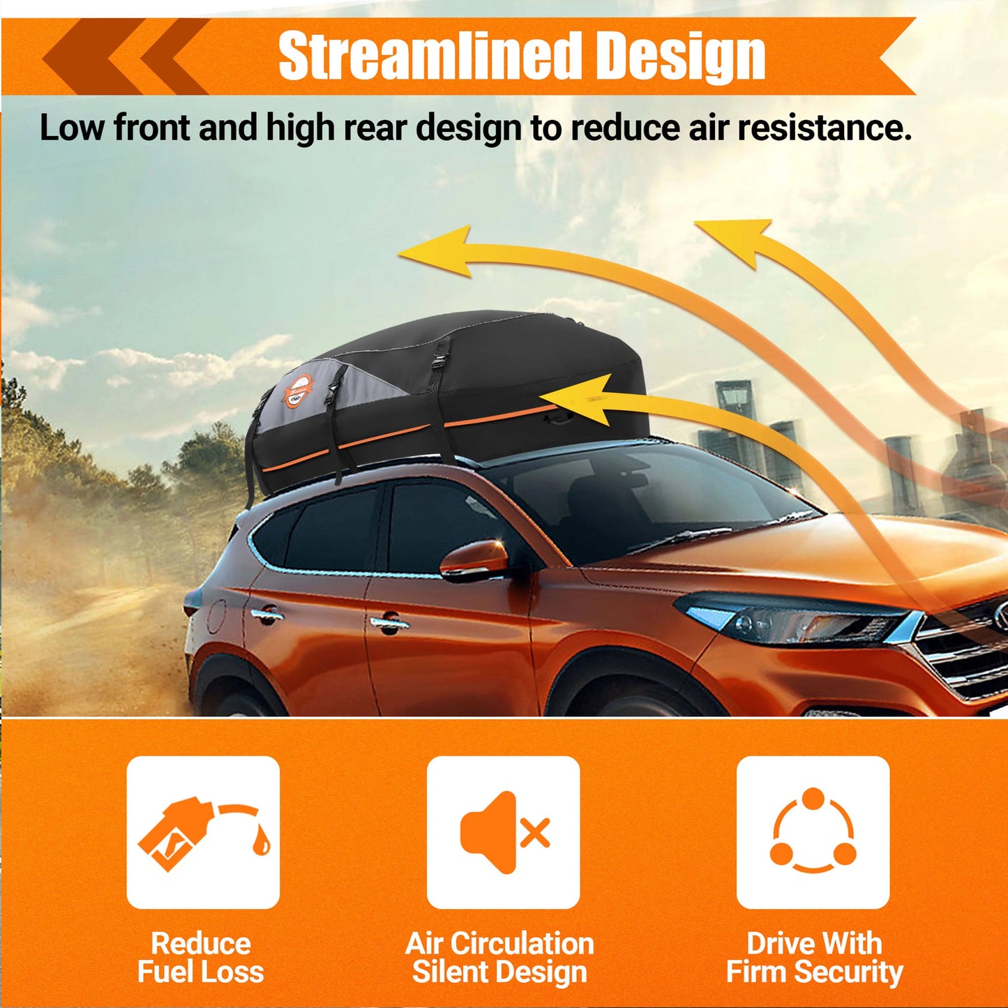 Adnoom car roof bag 100% waterproof rooftop cargo carrier, 16 cu ft car luggage storage bag, soft sided car top carrier bag black, orange