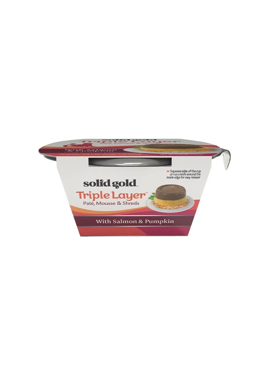 Solid gold grain free wet cat food pate - made with real salmon & pumpkin - triple layers canned cat food mousse, pate, and shreds for healthy digestion, weight control, & overall immunity