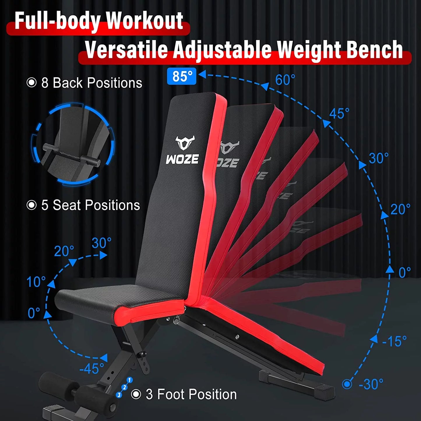 Woze adjustable weight bench, foldable workout bench for full body strength training, multi-purpose decline incline bench for home gym - new version