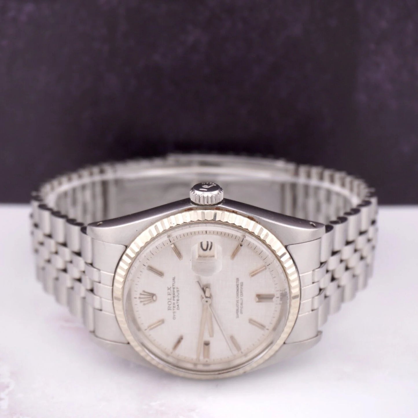 Rolex 36mm datejust mens steel watch jubilee band silver linen dial 1601