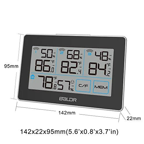 Baldr digital wireless weather station with 3 remote sensors, real-time humidity meter and temperature tracker with lcd, touchscreen, built-in stand and hanging slot, 262 ft max distance - black