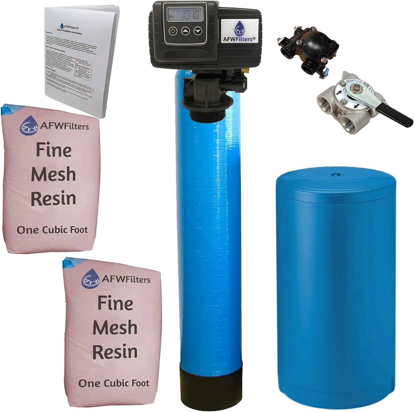 Afwfilters 2 cubic foot 64k whole home iron pro water softener with fine mesh resin, 3/4" stainless steel fnpt connection, and blue tanks