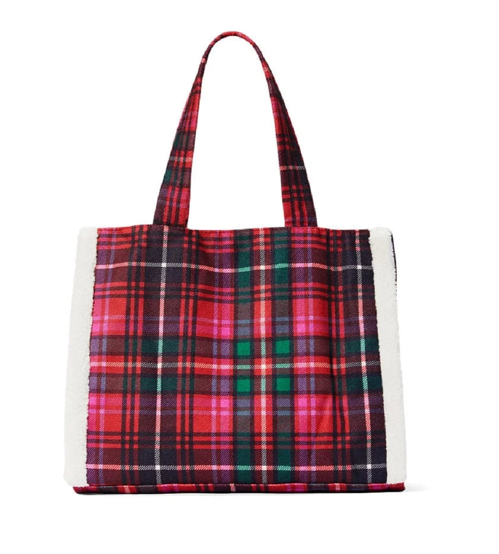 Victoria’s secret vs limited edition 2022 holiday fleece trim plaid tote bag nwt