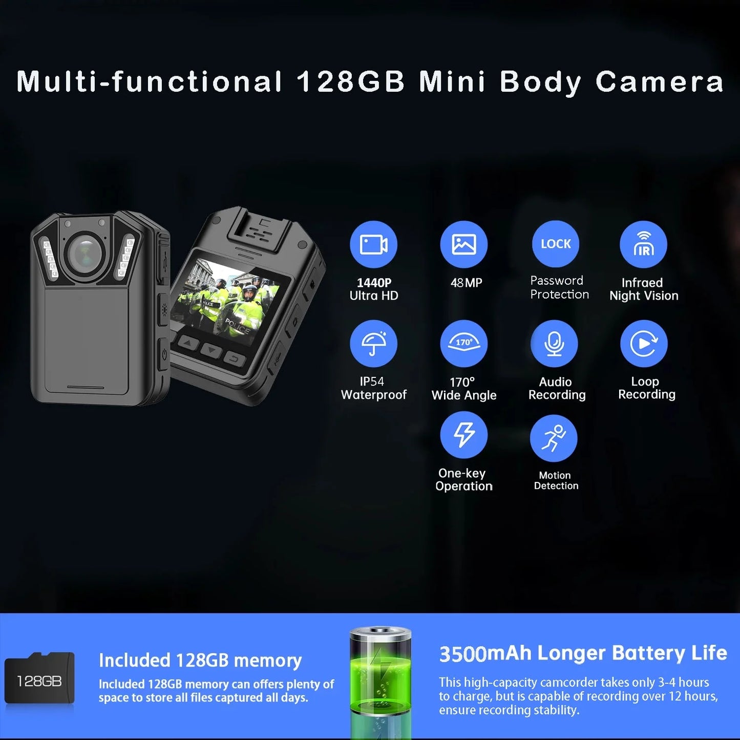 Rony 1440p mini body camera - 128gb wearable police body camcorder with night vision - waterproof body cam with audio and video recording for law enforcement security guard home