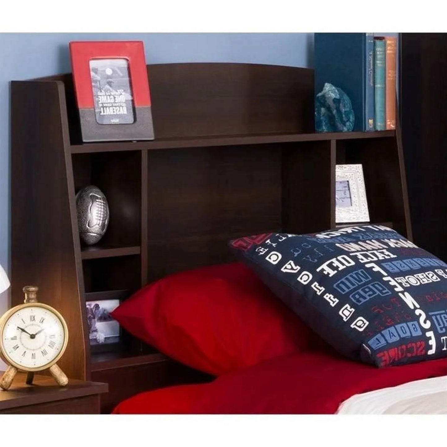 Twin size bookcase storage headboard in espresso wood finish