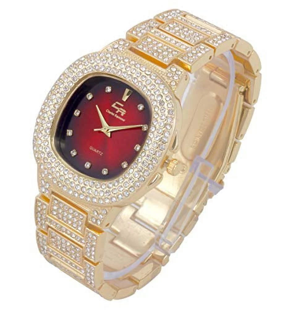 Bling'ed out king and queen hip hop watch set perfect for power couples to flaunt on and off the dance floor - st10325/st10364 his&hers (gld blood red)