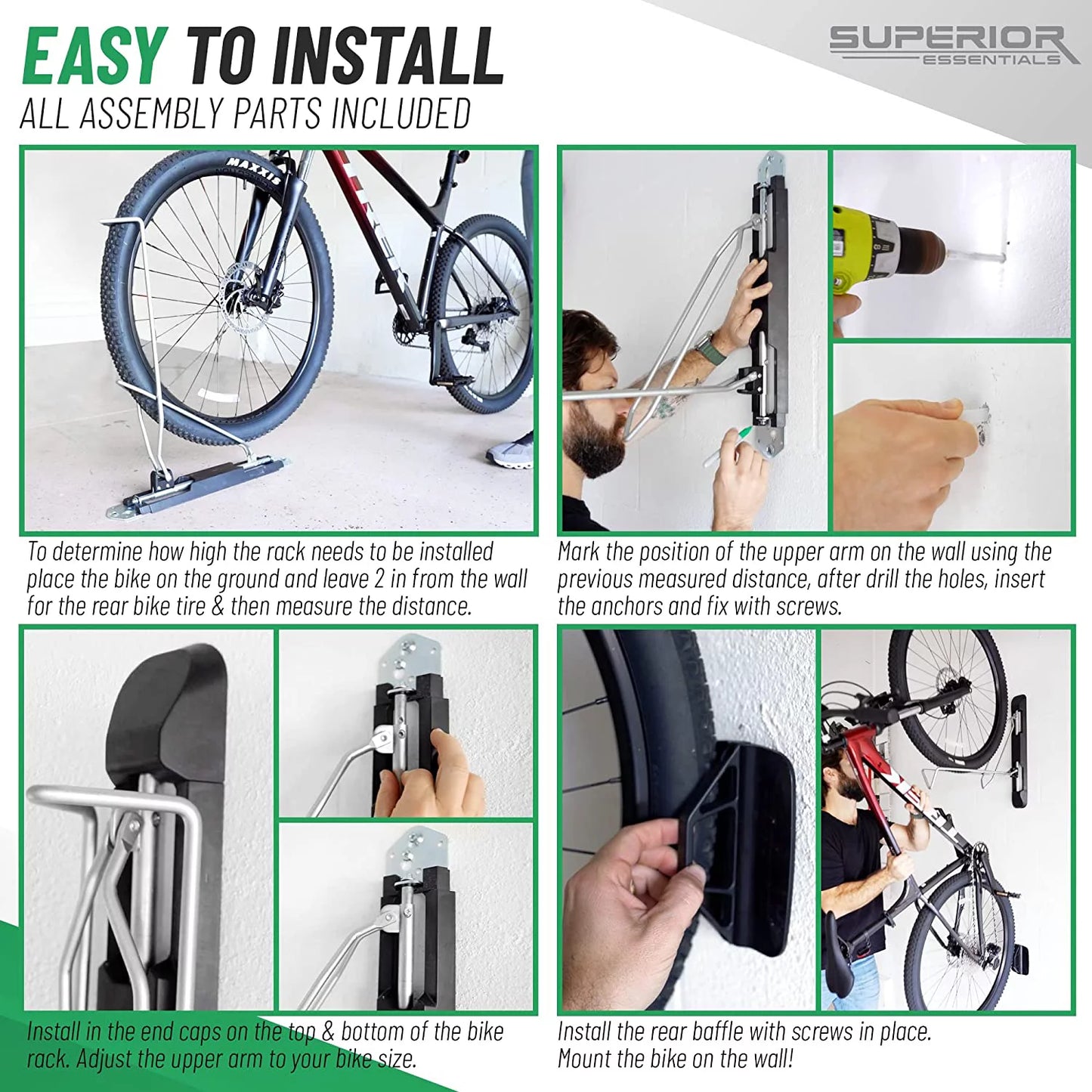 Superior essentials vertical bike rack - easy to hang and detach, 180-degree swivel swing, foldable bike wall mount - maximize your garage space with our top-notch bike hangers for garage (black)