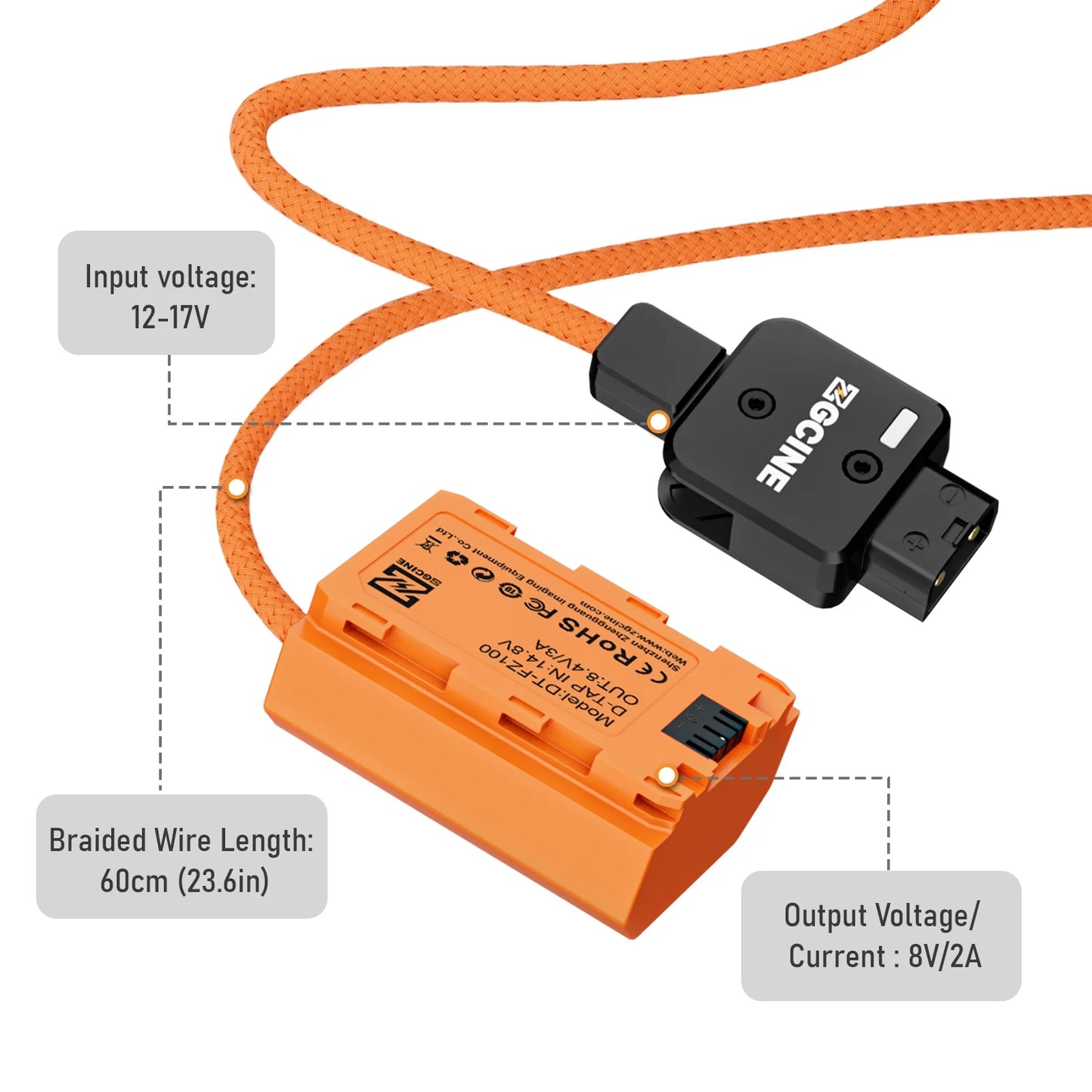 Zgcine dt-fz100 d-tap to np-fz100 dummy battery - braided wire dc coupler for sony a7r v/a7/a7s iii/a7r iii/a7 iii/a7c/a7cr/a7c ii/a6600/a6700/fx3/fx30/zv-e1/a1/a9/a9ii cameras