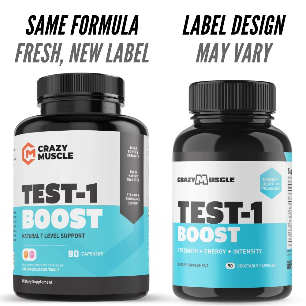 Test-1 boost by crazy muscle: 100% natural testosterone booster to build muscle - 90 capsules