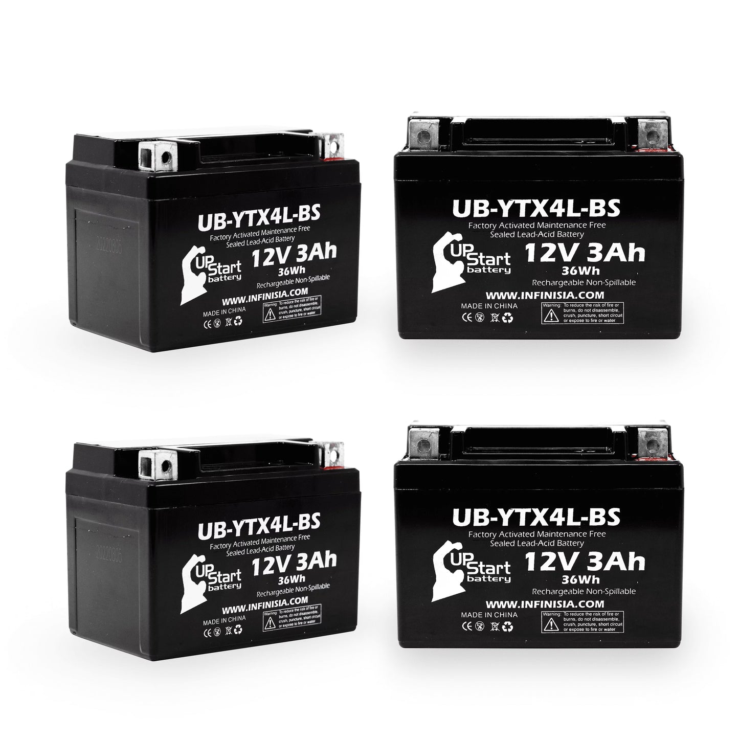 4-pack upstart battery replacement for 2004 bombardier (can-am) ds90, ds90f, quest 90cc factory activated, maintenance free, atv battery - 12v, 3ah, ub-ytx4l-bs