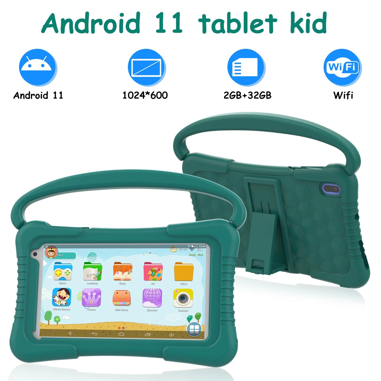 7 inch kids tablet, quad core android 11 toddler tablets, children tablet with 32gb storage 2gb ram wifi bt shockproof case dual camera educationl games parental control, kids software pre-installed.