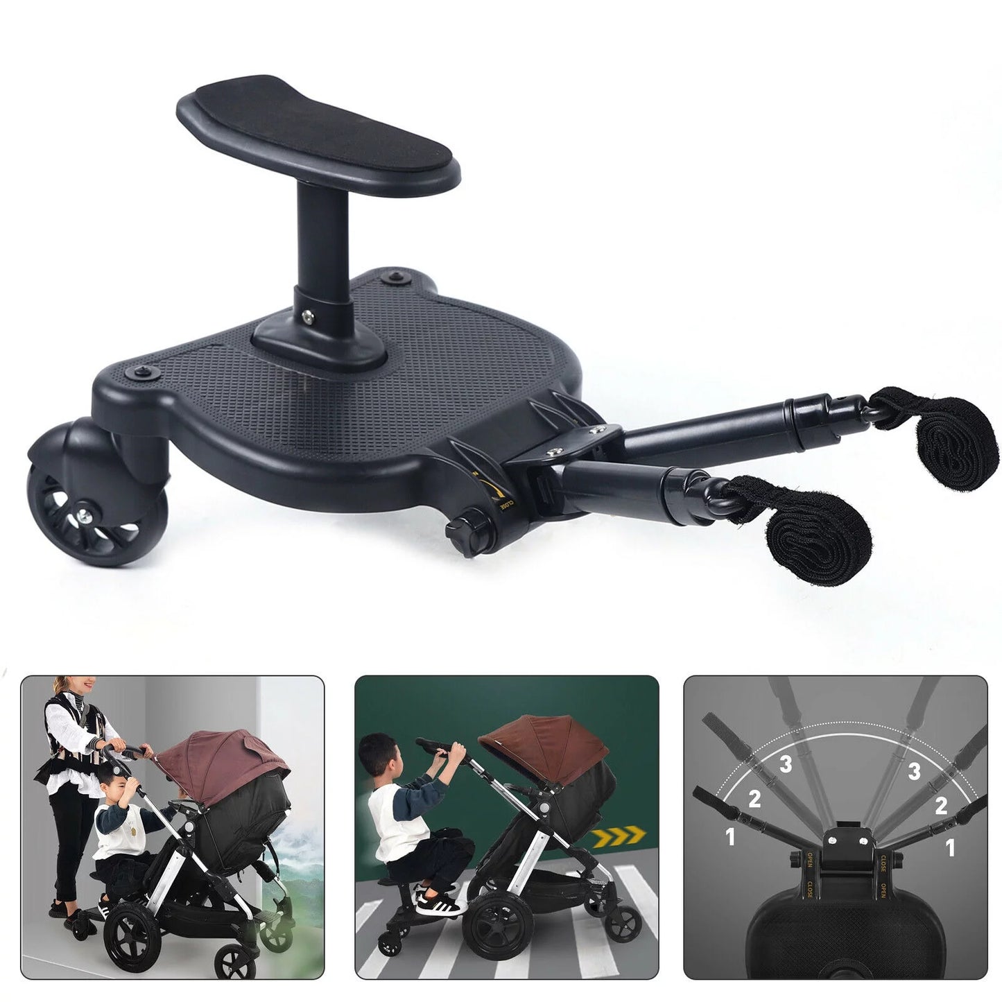 Universal stroller board 2 in 1 stroller ride board buggy wheeled board seat pedal buggy board with seat auxiliary pedal adapter pushchair connector anti-slip 25kg eco-friendly pp